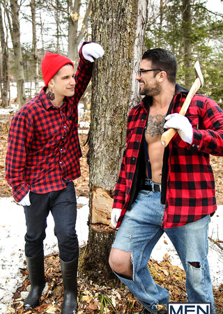 Hunky men put down their axes and go indoors for oral and anal sex
