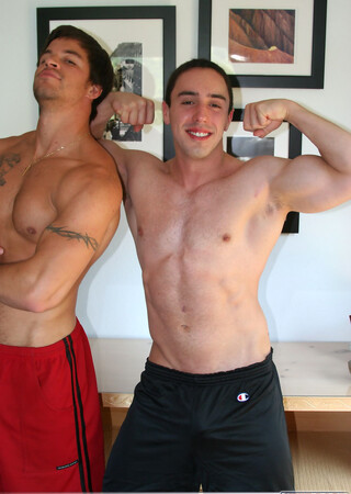 Naked students Brodie & Stewart compare their fat dicks and pose together