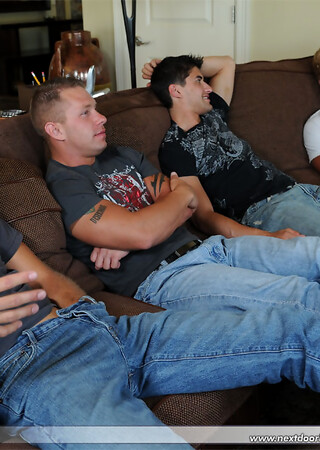Horny gays in jeans undress and fuck each other's tight assholes in groupsex