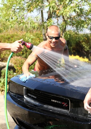 Muscular gay hunks have wild groupsex with well-endowed carwash boys