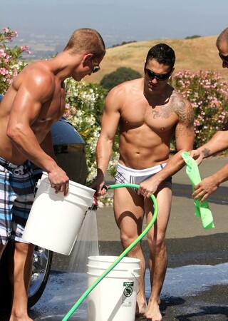 Muscular gay hunks have wild groupsex with well-endowed carwash boys